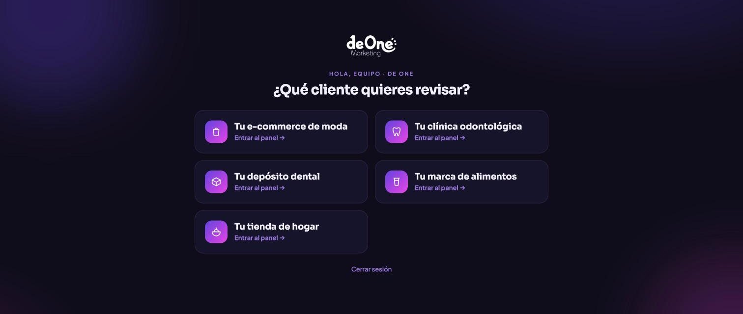Pantalla real de entrada al panel con una tarjeta por negocio